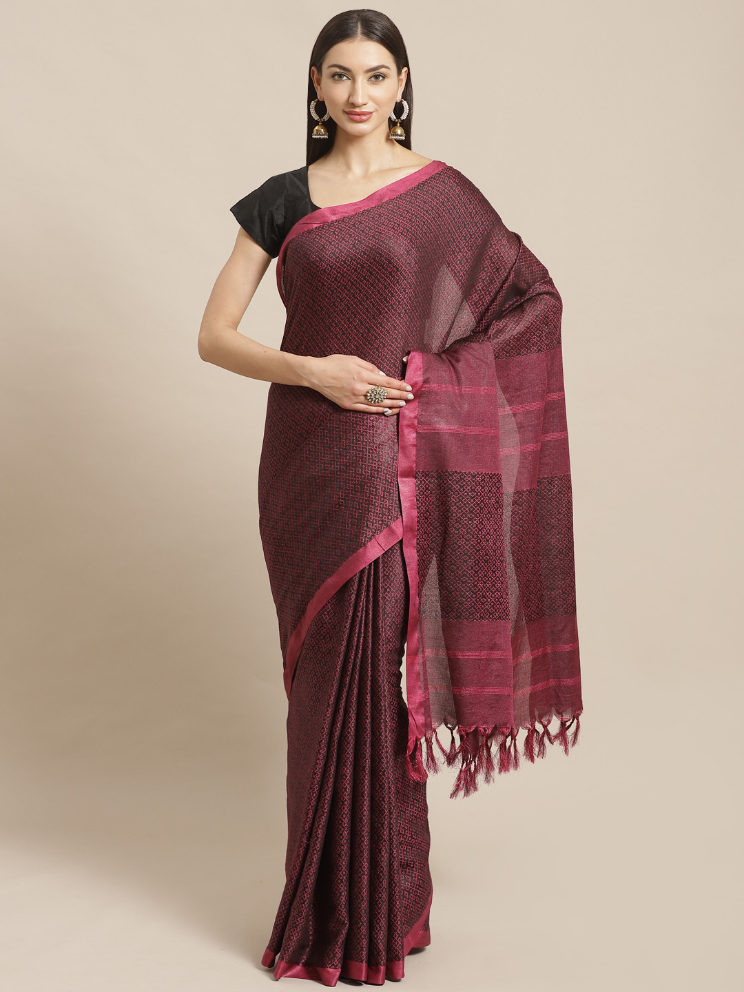 

swatika Black & Pink Woven Design Handloom Bhagalpuri Saree