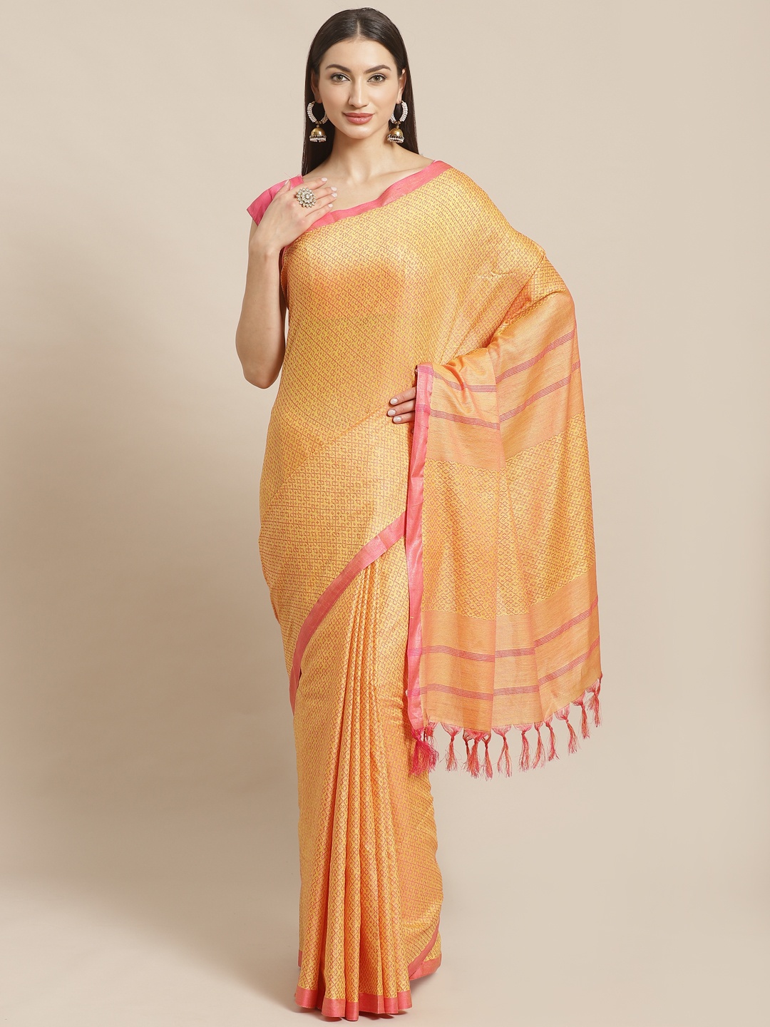 

swatika Mustard Yellow & Pink Woven Design Bhagalpuri Handloom Saree