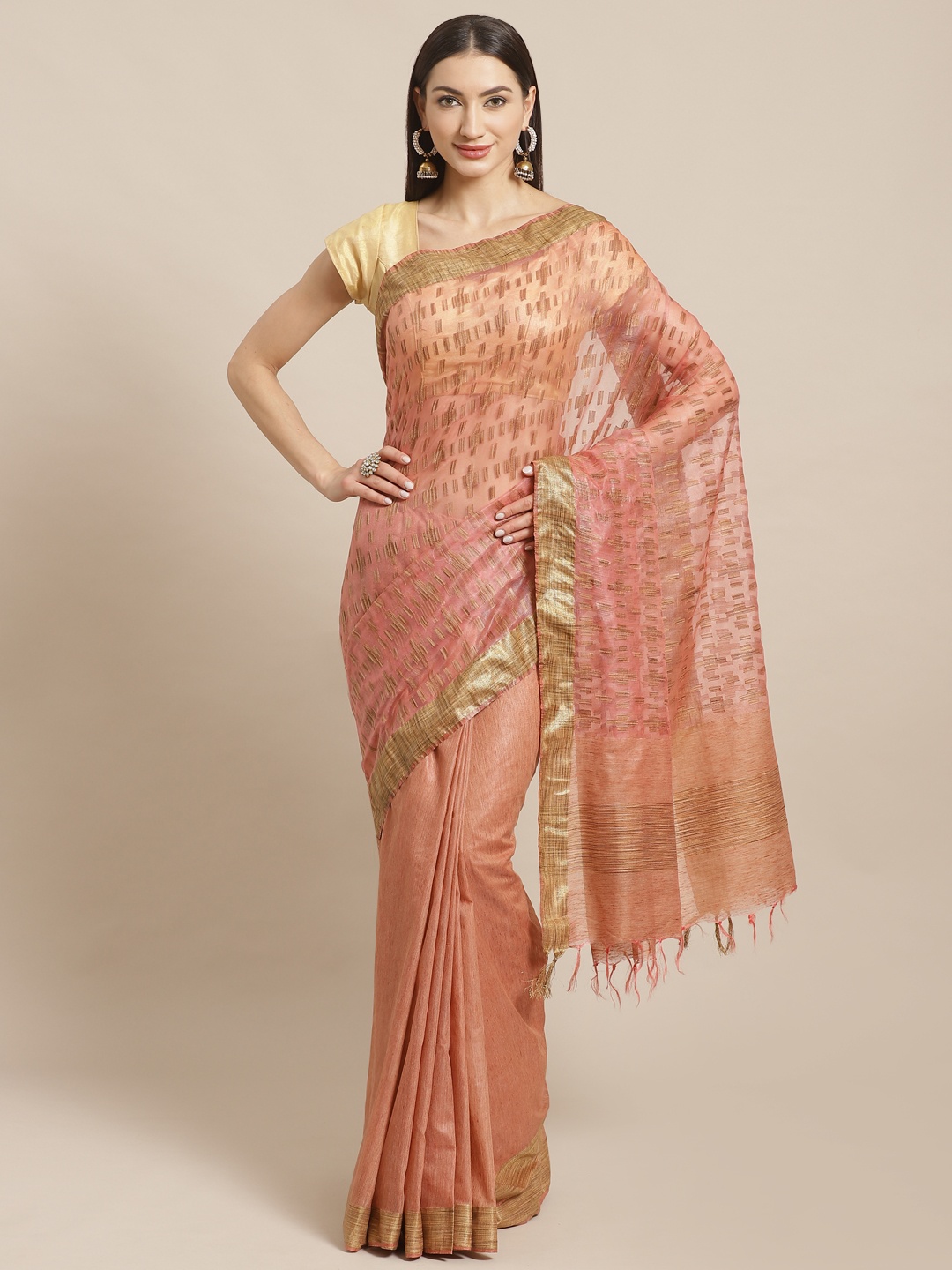 

swatika Peach-Coloured & Golden Woven Design Bhagalpuri Handloom Saree