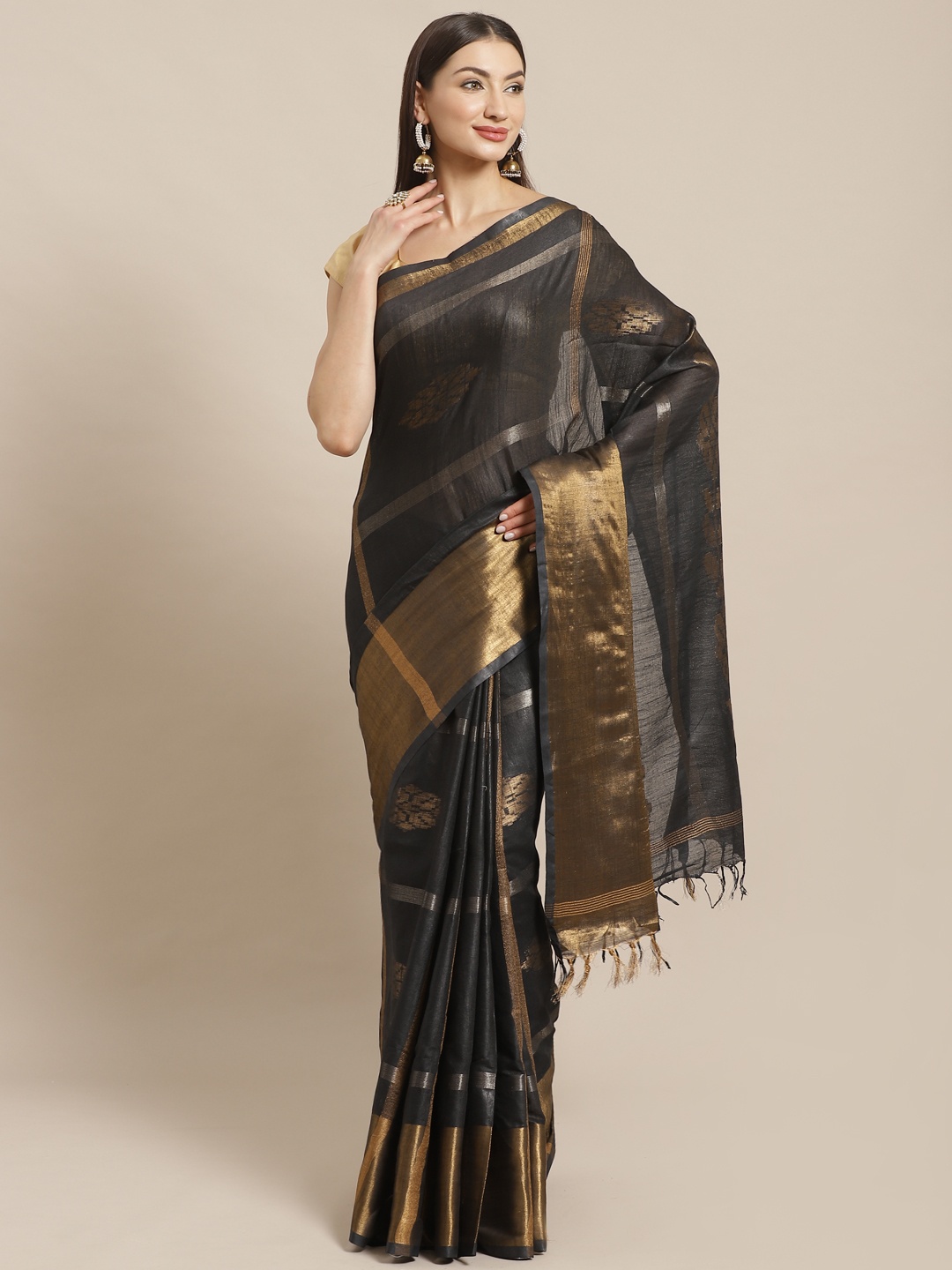 

swatika Black & Golden Zari Woven Design Handloom Bhagalpuri Saree