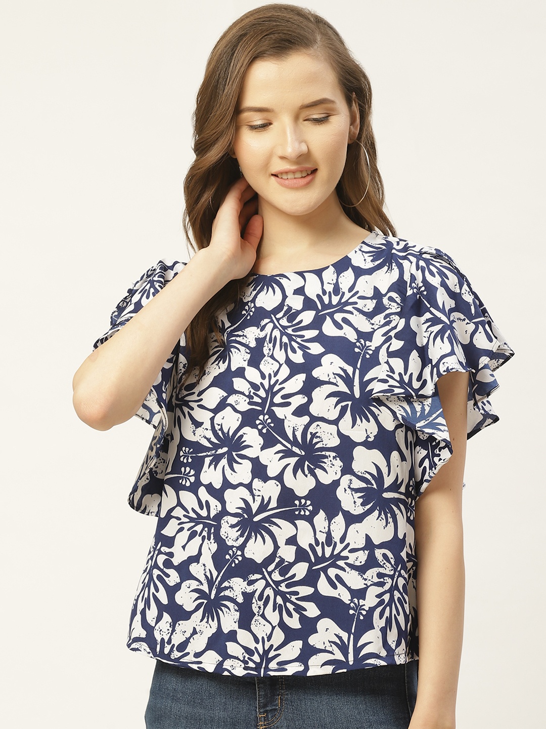 

ZIZO By Namrata Bajaj Women Navy Blue & White Floral Print Ruffled Top