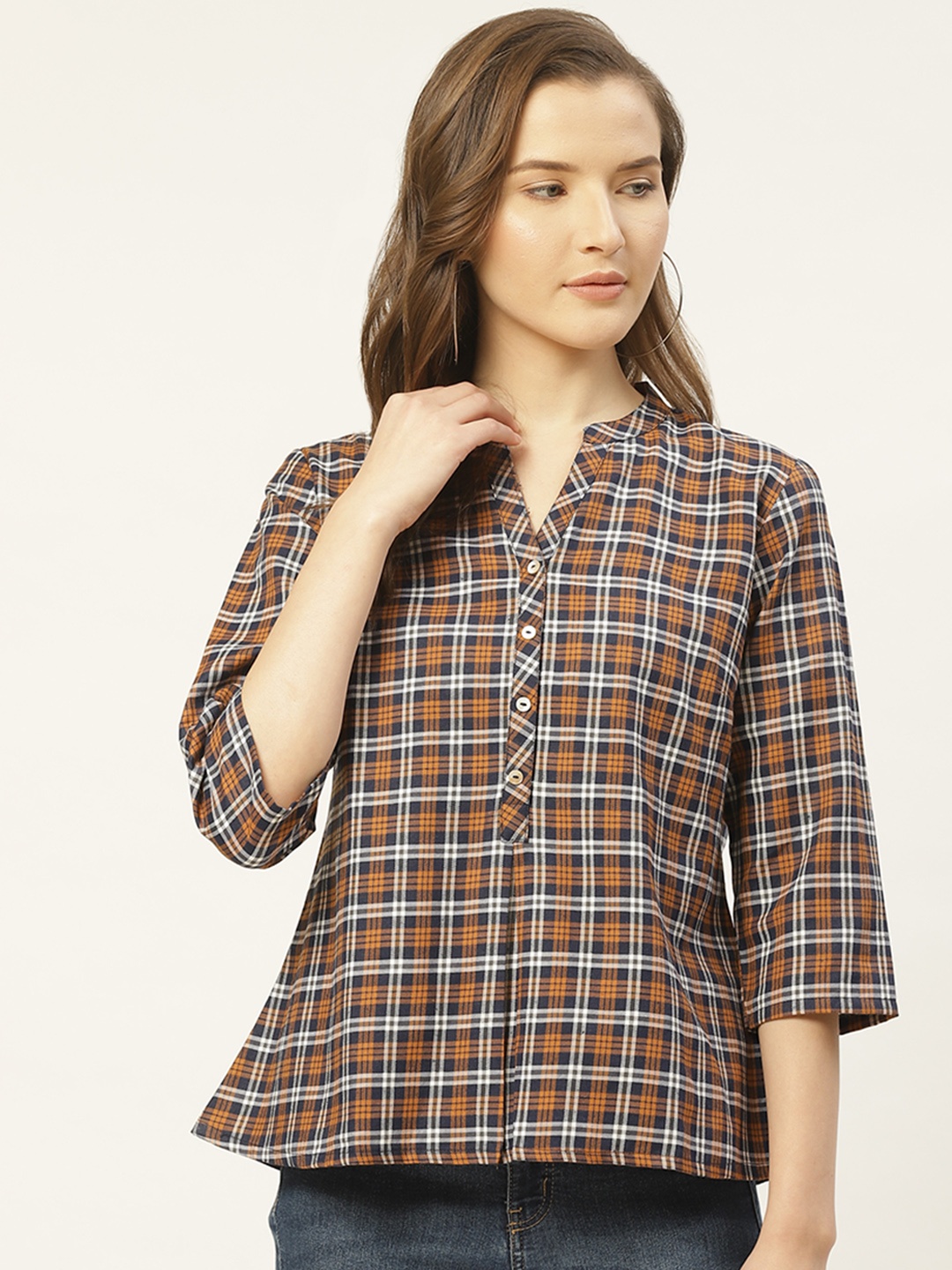 

ZIZO By Namrata Bajaj Women Mustard Yellow & White Checked Shirt Style Top