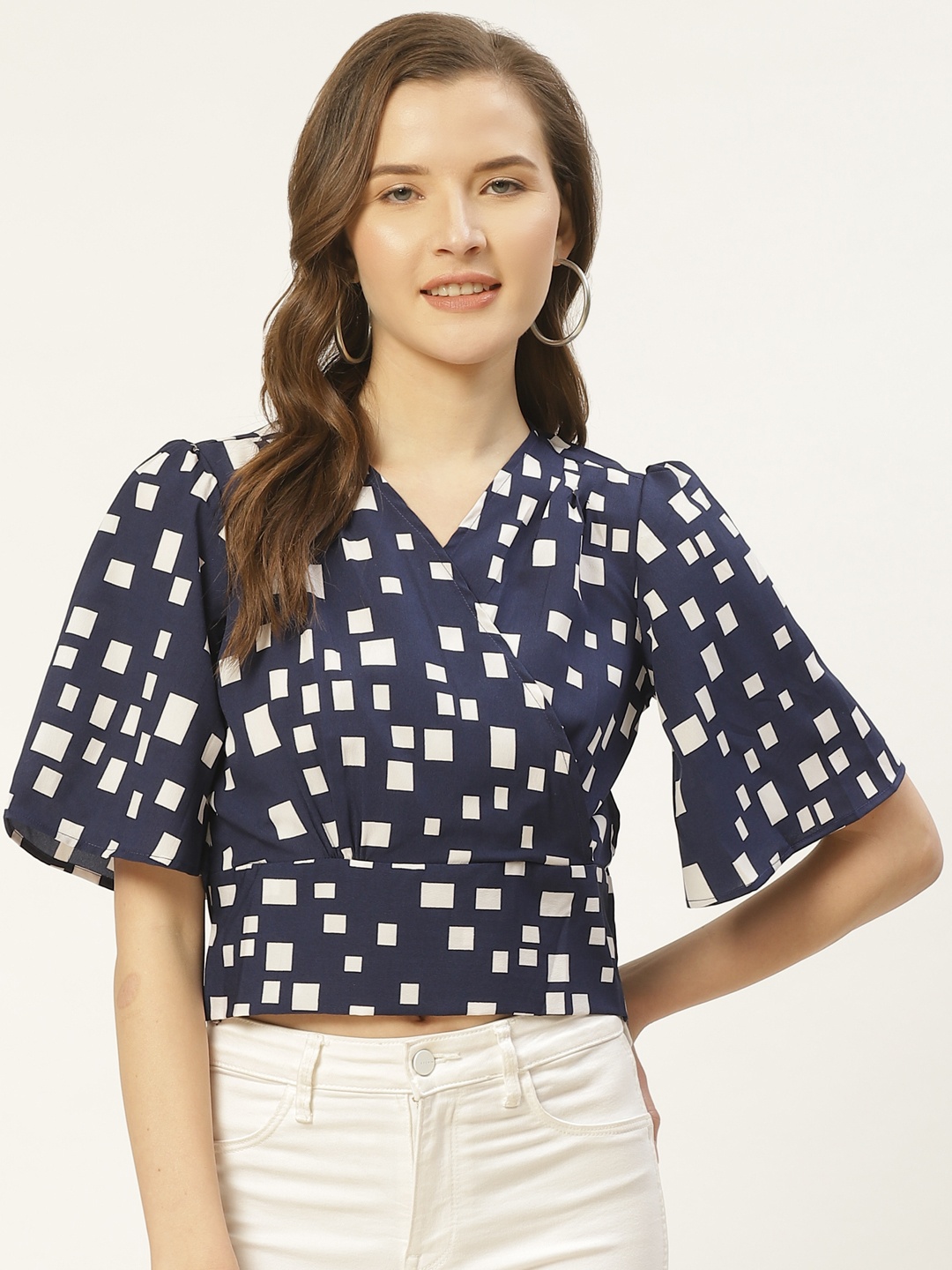 

ZIZO By Namrata Bajaj Women Navy Blue & White Printed Crop Wrap Top