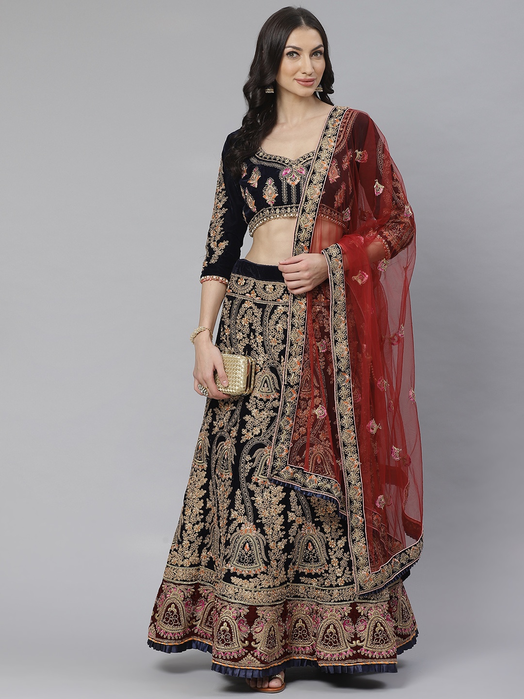 

Readiprint Fashions Navy Blue & Gold-Toned Embroidered Semi-Stitched Lehenga & Unstitched Blouse with Dupatta