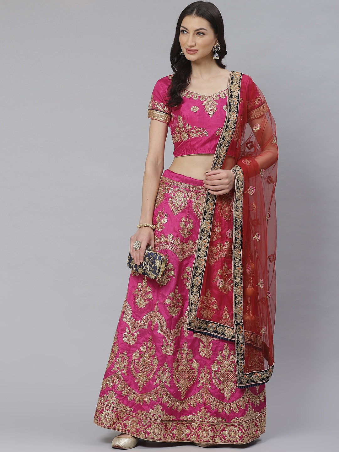 

Readiprint Fashions Magenta & Gold-Toned Embroidered Semi-Stitched Lehenga & Unstitched Blouse with Dupatta