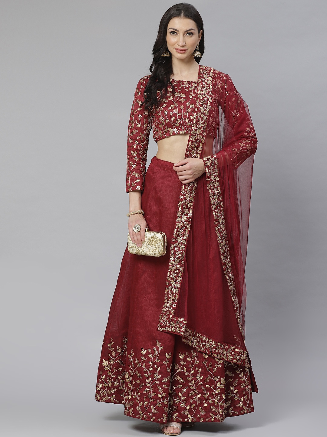 

Readiprint Fashions Maroon & Gold-Toned Embroidered Semi-Stitched Lehenga & Unstitched Blouse with Dupatta