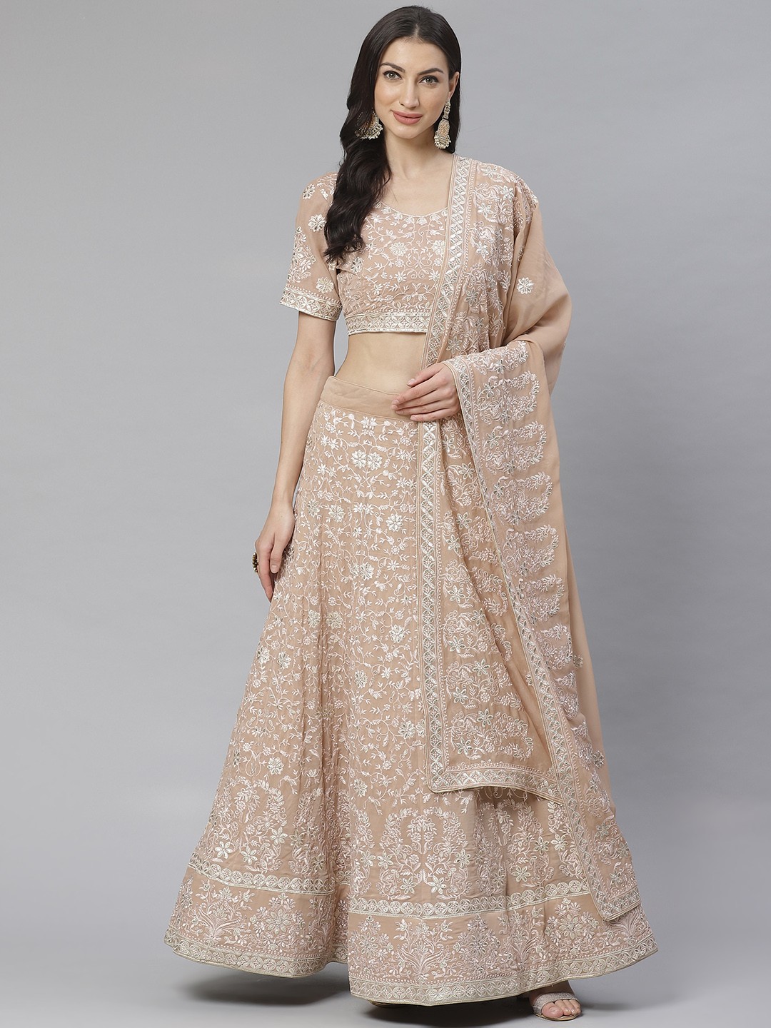 

Readiprint Fashions Beige & White Embroidered Semi-Stitched Lehenga & Unstitched Blouse with Dupatta
