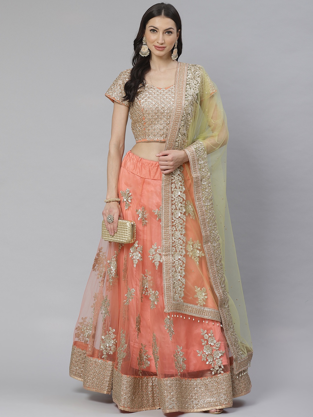 

Readiprint Fashions Peach-Coloured & Gold-Toned Embellished Semi-Stitched Lehenga & Unstitched Blouse with Dupatta