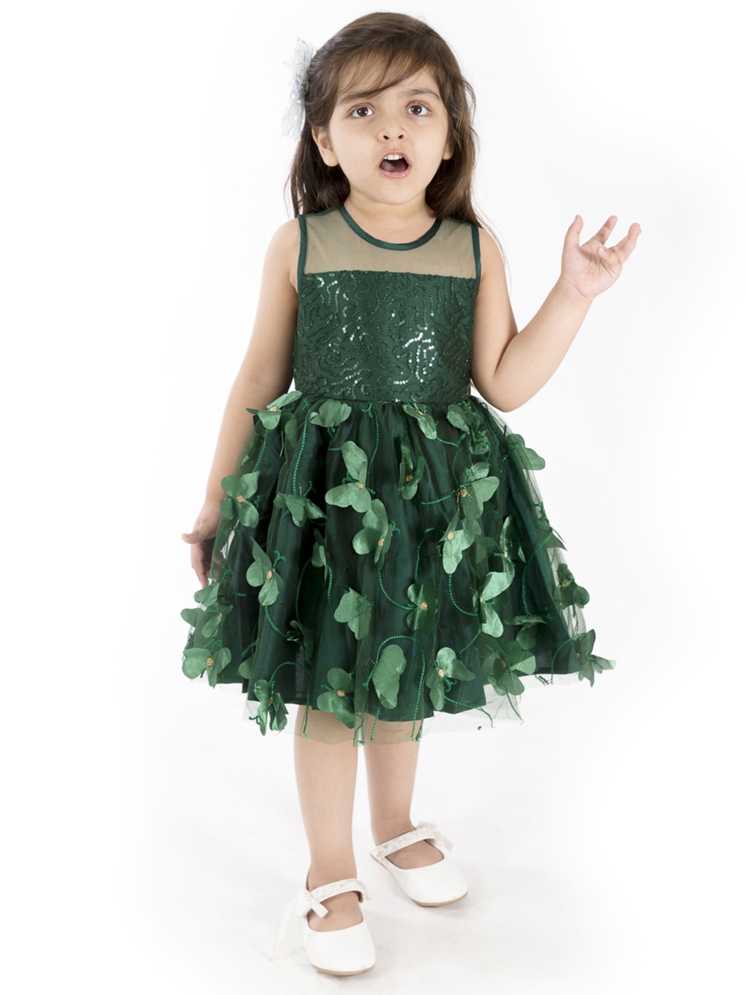 

pspeaches Girls Green Sequinned Butterfly Applique Net Layered Fit & Flare Dress