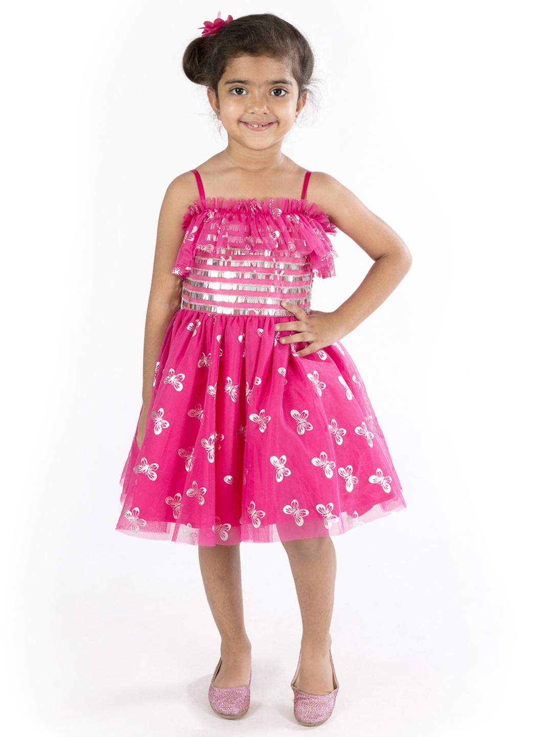 

pspeaches Girls Fuchsia & Silver Butterfly Print Net Off-Shoulder Fit & Flare Dress
