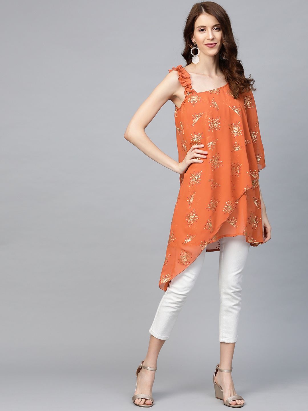 

Ahalyaa Women Rust Orange & Golden Printed One Sleeve Asymmetric Layered Kurti