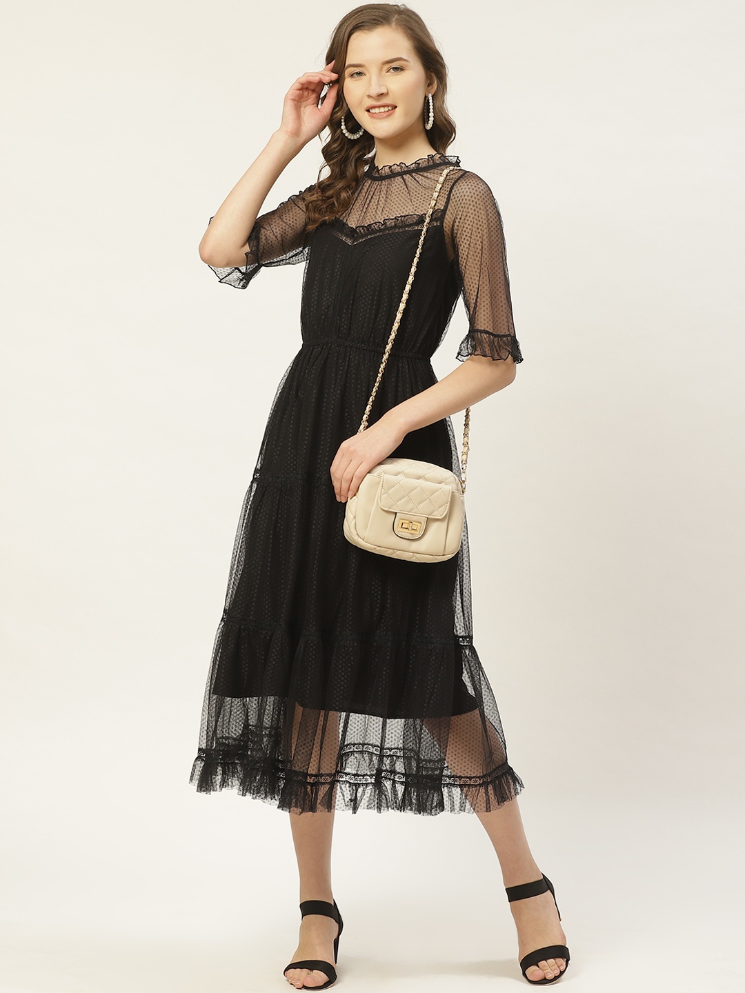 

Antheaa Women Black Self Design Semi-Sheer Net A-Line Dress