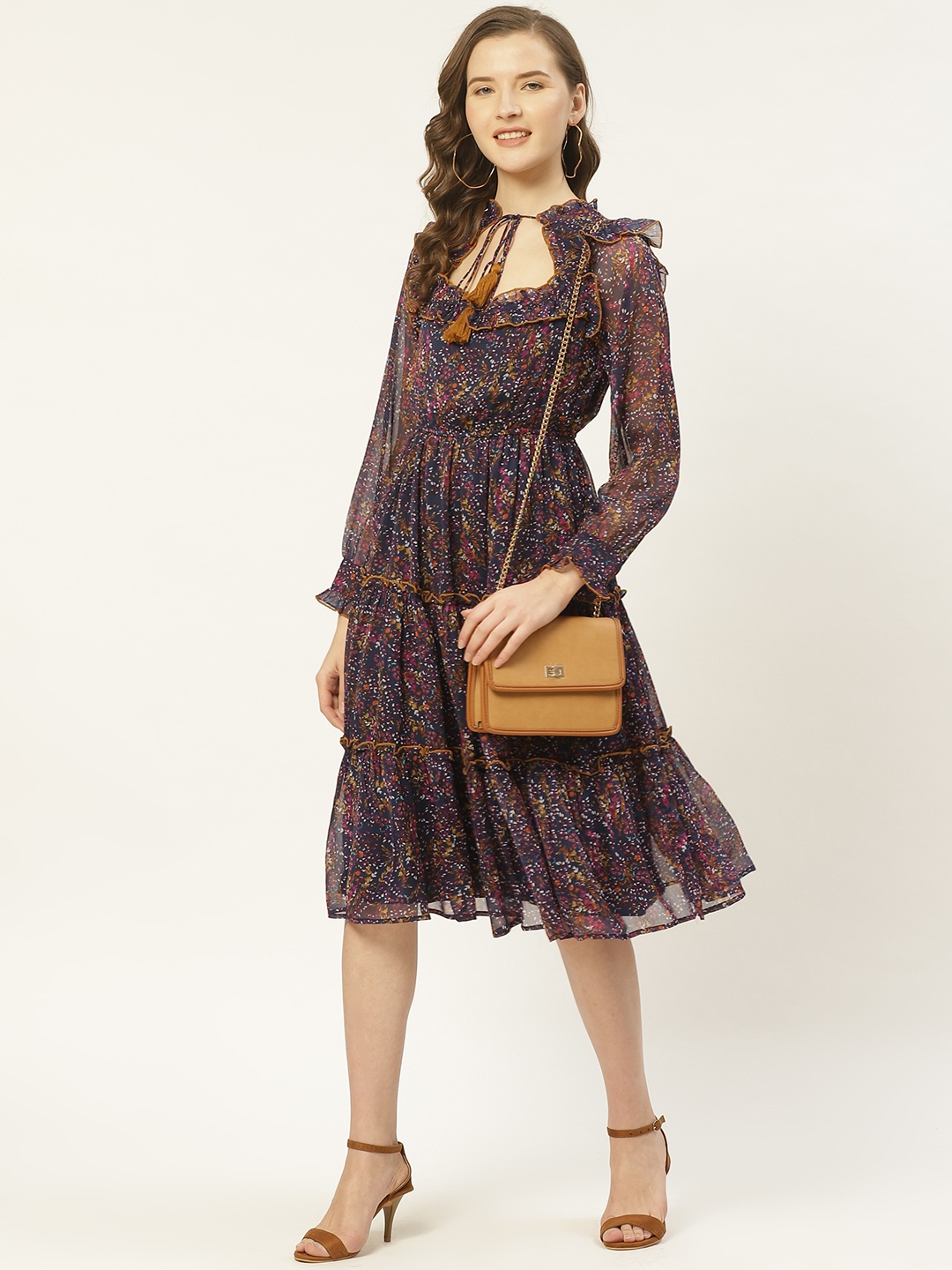 

Antheaa Women Purple & Pink Floral Printed Tiered Fit and Flare Dress
