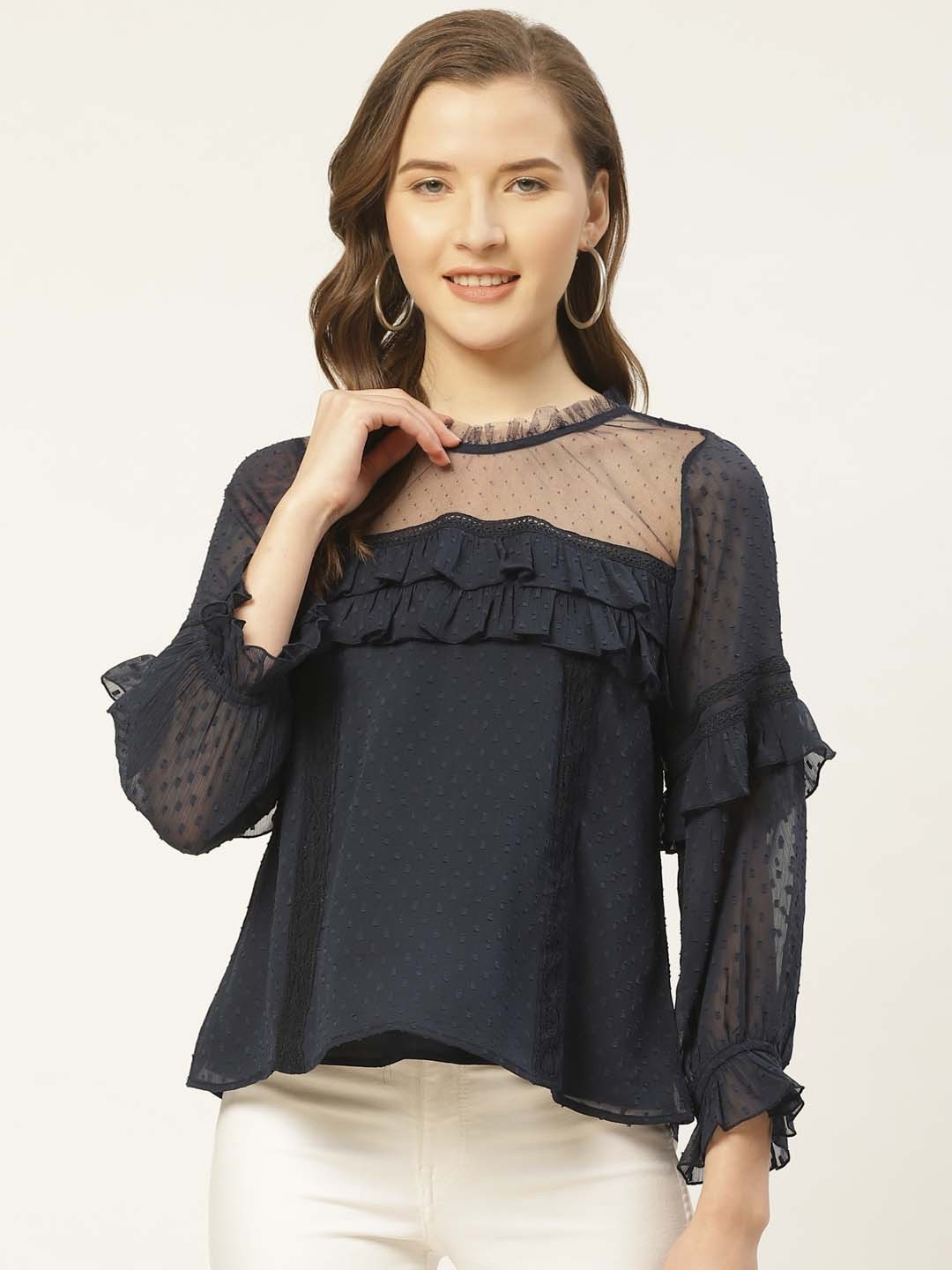 

Antheaa Women Navy Blue Self Design Ruffled Top