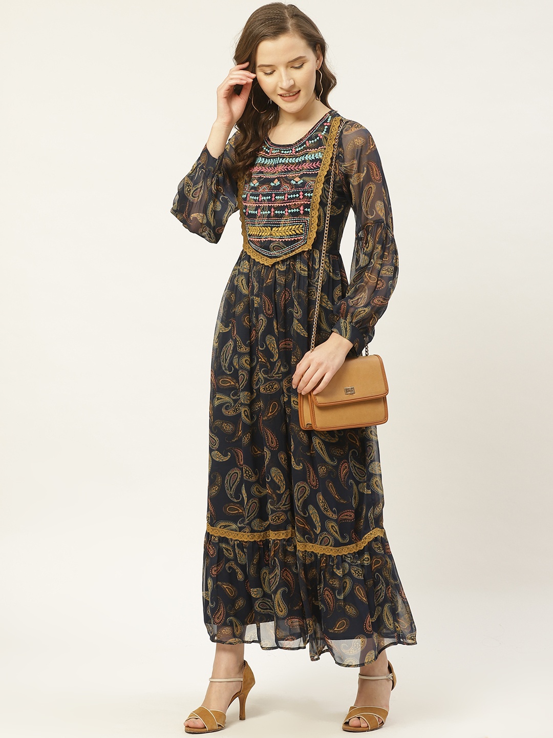 

Antheaa Women Navy Blue & Mustard Yellow Printed Maxi Dress