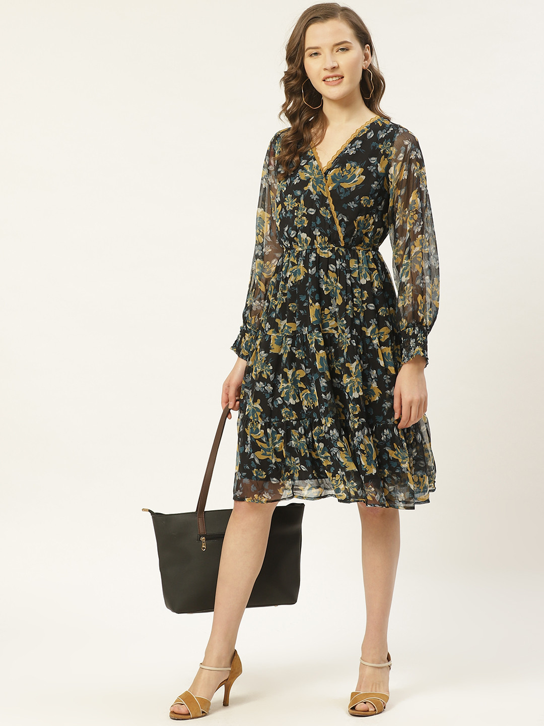 

Antheaa Women Blue & Yellow Floral Printed Tiered Wrap Dress
