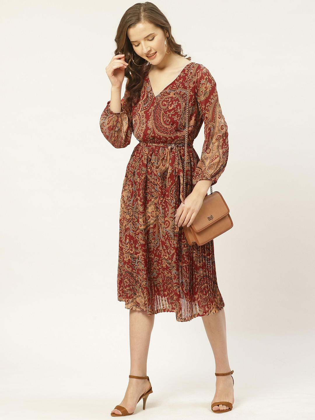 

Antheaa Women Red & Beige Accordion Pleated Paisley Print Midi Wrap Dress