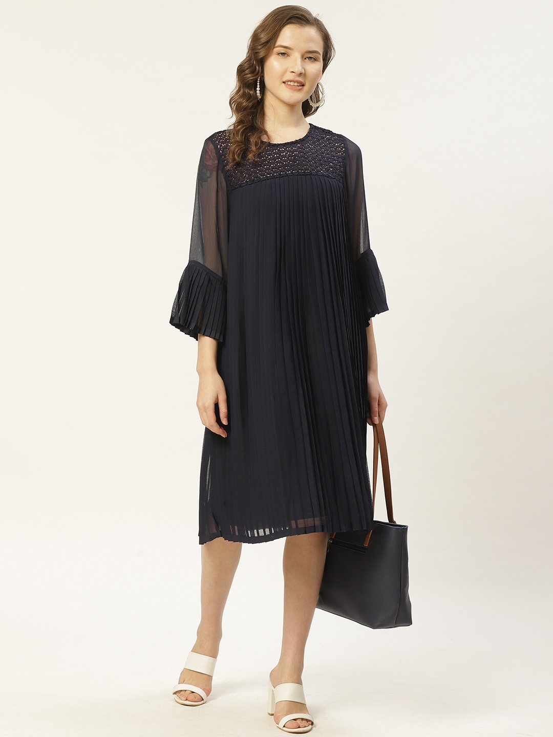 

Antheaa Women Navy Blue Solid Accordion Pleated A-Line Dress with Lace Inserts
