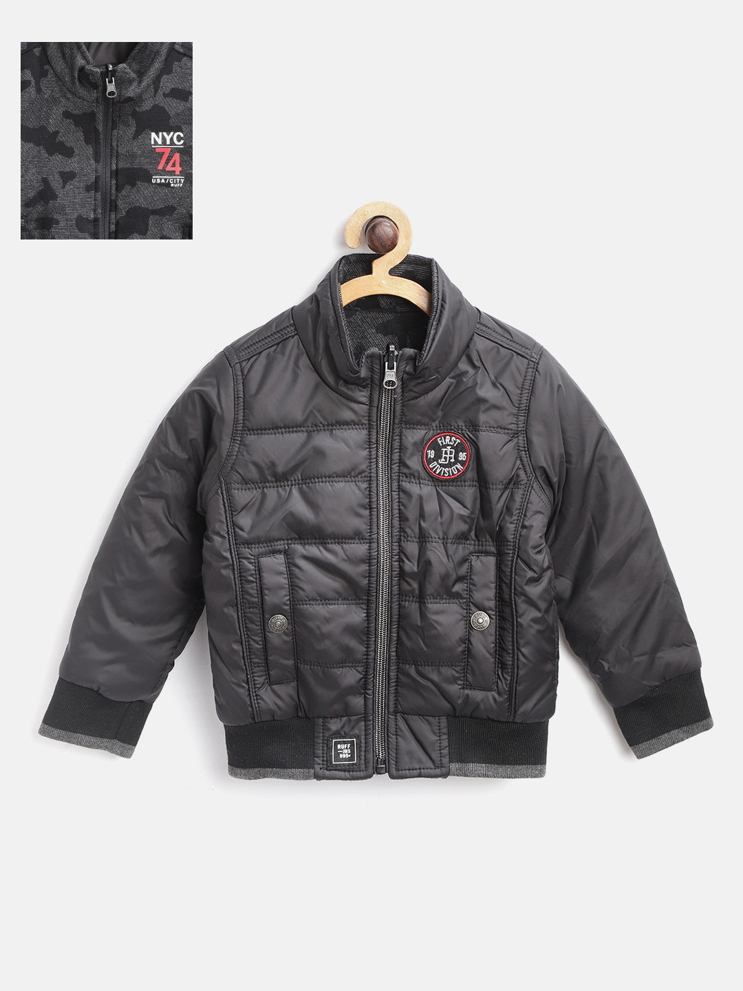 

RUFF Boys Black & Charcoal Grey Printed Reversible Padded Jacket
