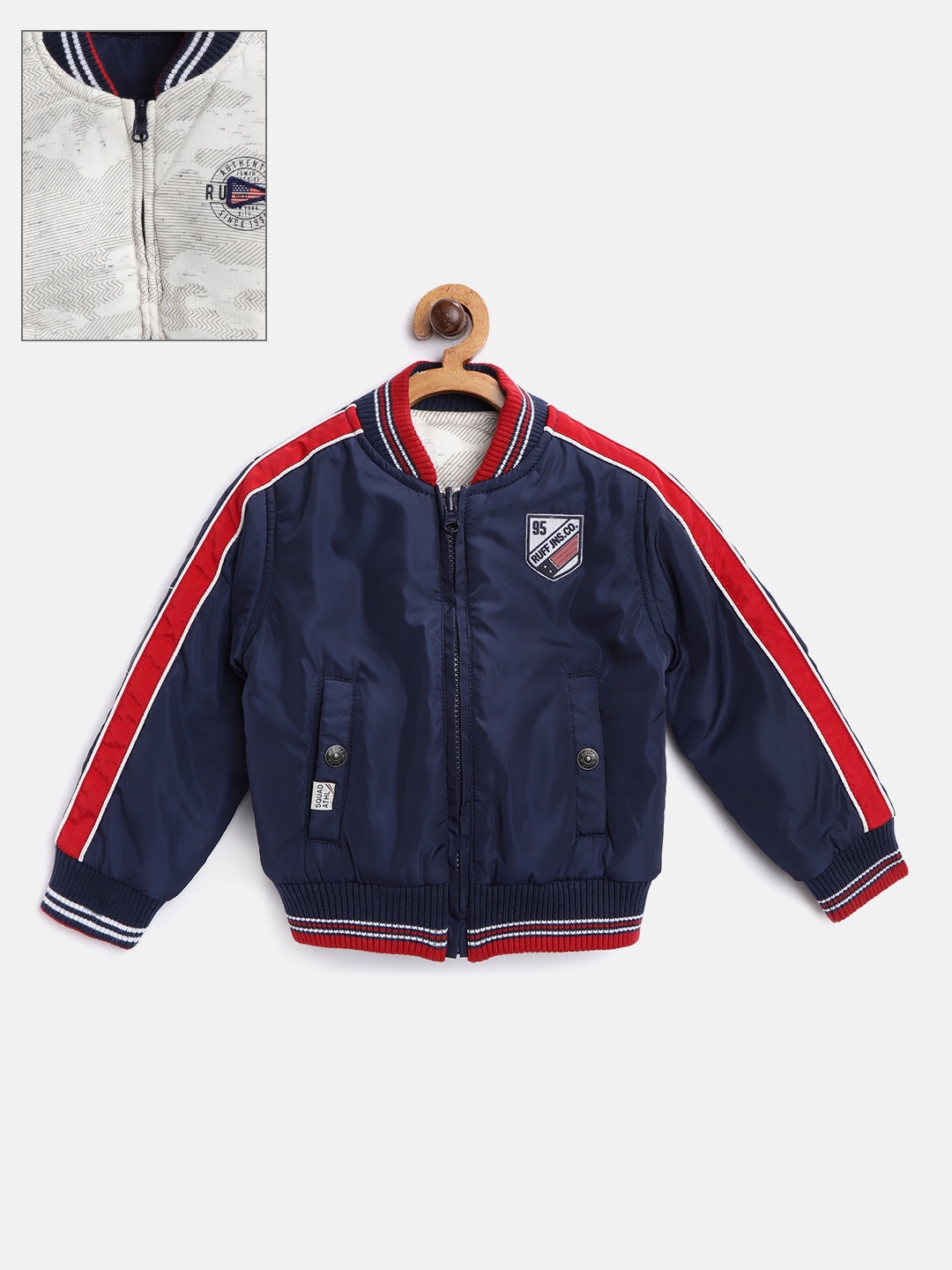

RUFF Boys Navy Blue & Off-White Reversible Printed Bomber Jacket