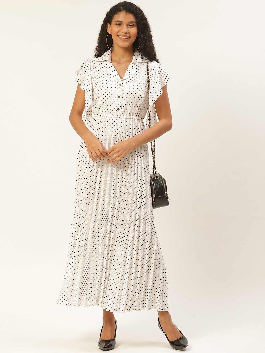 U&F Women White & Black Ditsy Dot Print Accordion Pleated Maxi Dress