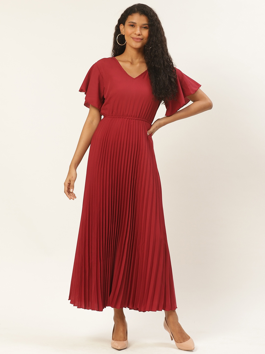 

U&F Women Maroon Solid Accordion Pleated Maxi Dress