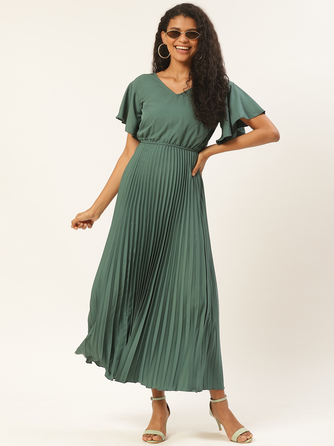 

U&F Women Sage Green Solid Accordion Pleated Maxi Dress