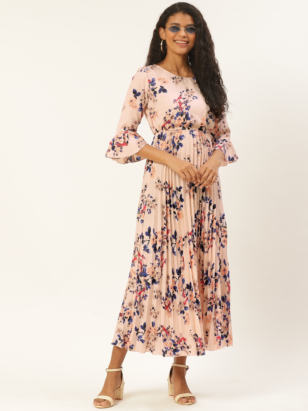 

U&F Peach-Coloured & Blue Floral Print Accordion Pleated Maxi Dress
