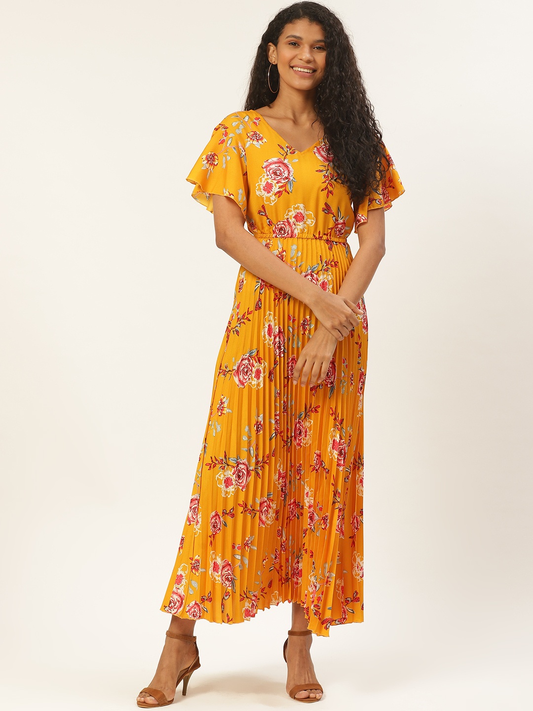 

U&F Women Mustard Yellow & Red Floral Print Accordion Pleated Maxi Dress