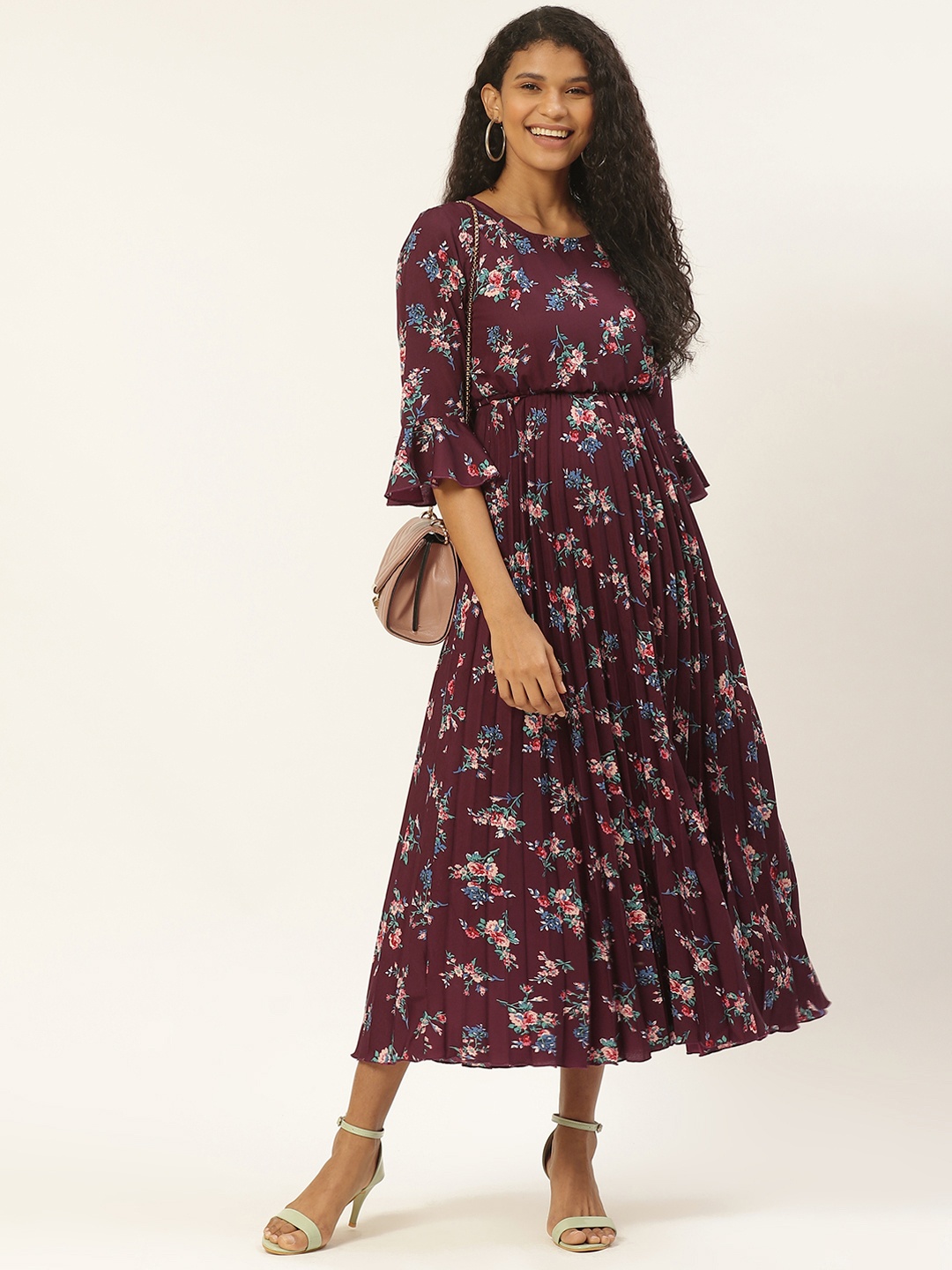 

U&F Women Wine-Coloured & Blue Floral Print Accordion Pleated Maxi Dress, Burgundy