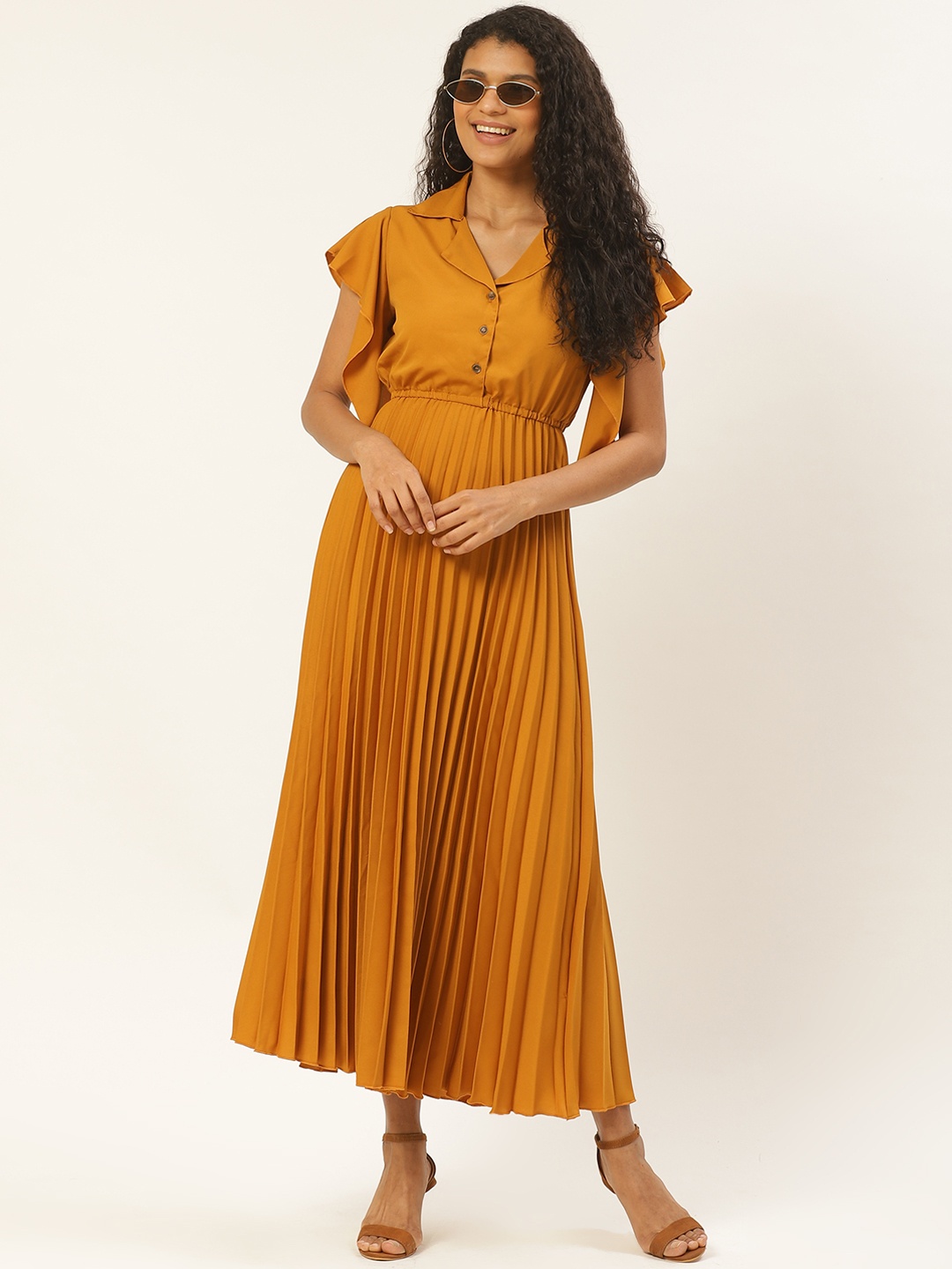 

U&F Women Mustard Yellow Solid Accordion Pleated Maxi Dress