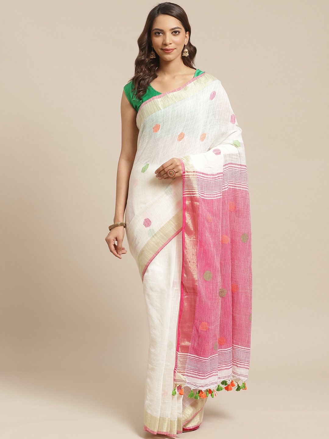 

Laa Calcutta White & Pink Handloom Woven Design Saree