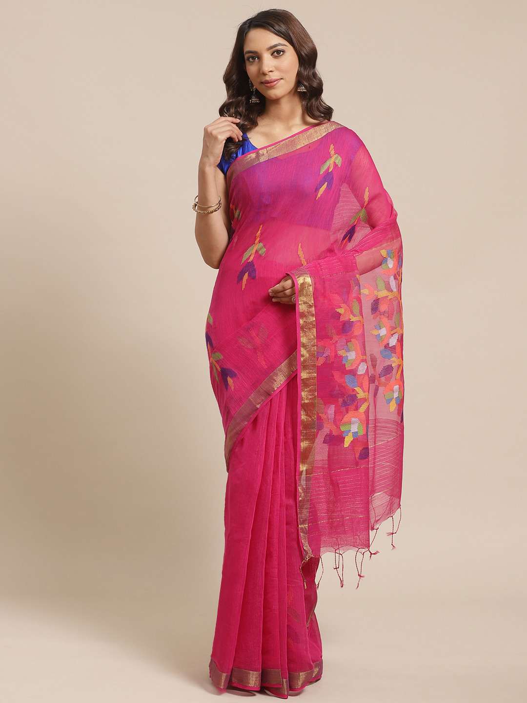 

Laa Calcutta Pink & Blue Pure Silk Woven Design Handloom Dhakai Jamdani Saree