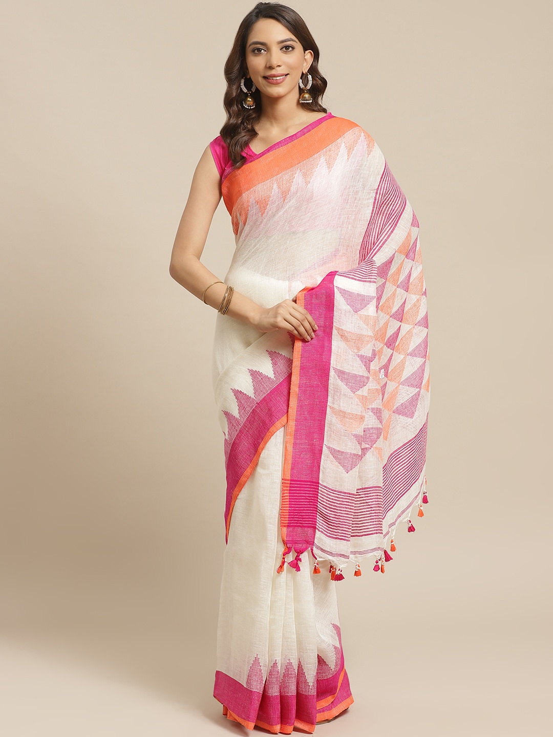 

Laa Calcutta Off-White & Pink Pure Linen Solid Handloom Jamdani Saree