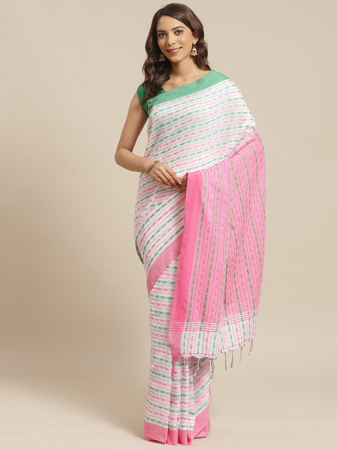 

Laa Calcutta White & Pink Pure Cotton Ethnic Motifs Woven Design Bengal Handloom Saree