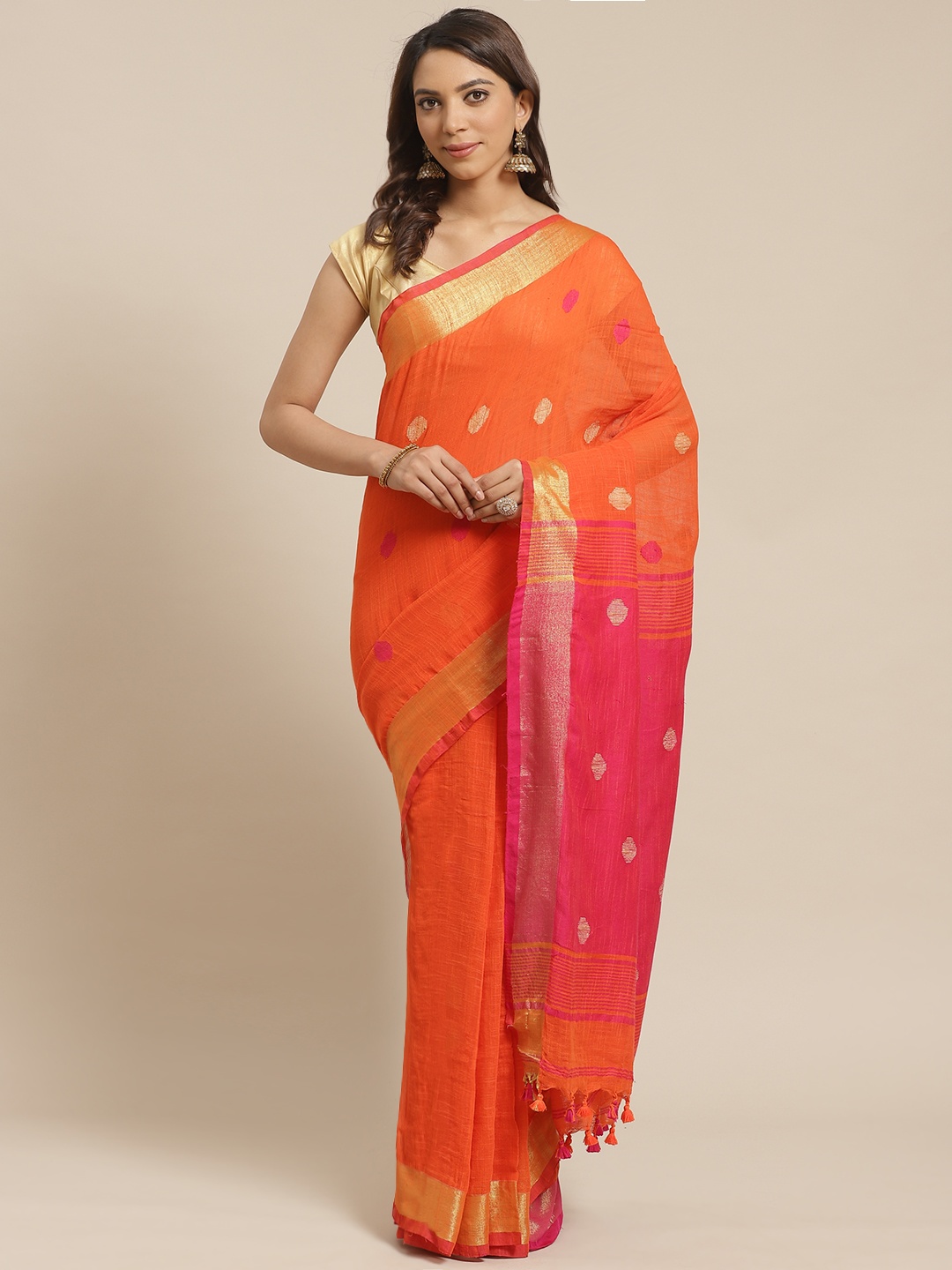 

Laa Calcutta Orange & Pink Zari Ethnic Motifs Woven Design Handloom Saree