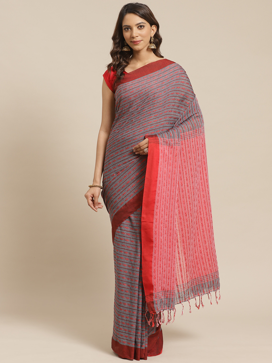 

Laa Calcutta Charcoal Grey & Red Woven Design Bengal Handloom Saree