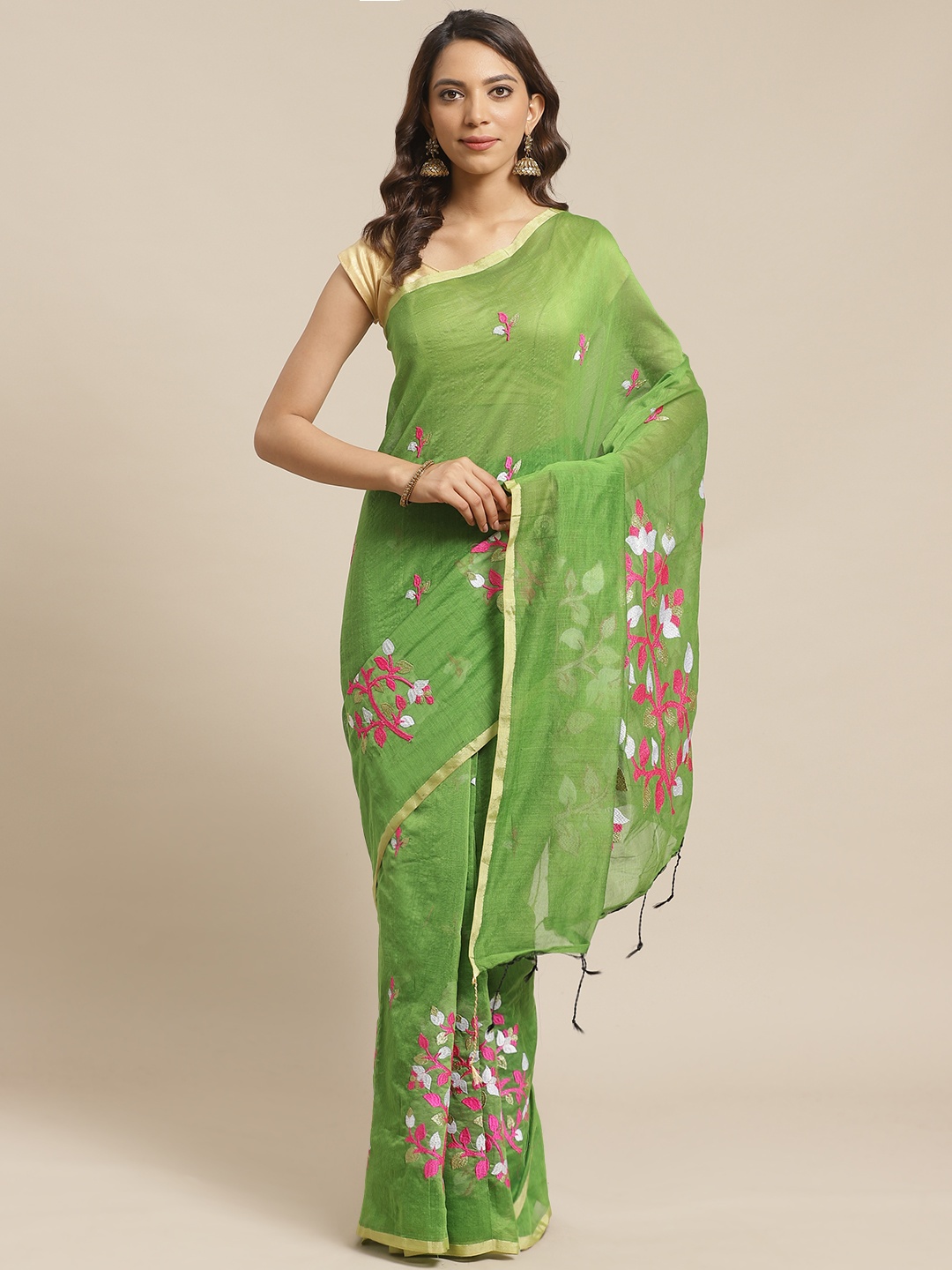 

Laa Calcutta Green & Pink Embroidered Bengal Handloom Saree