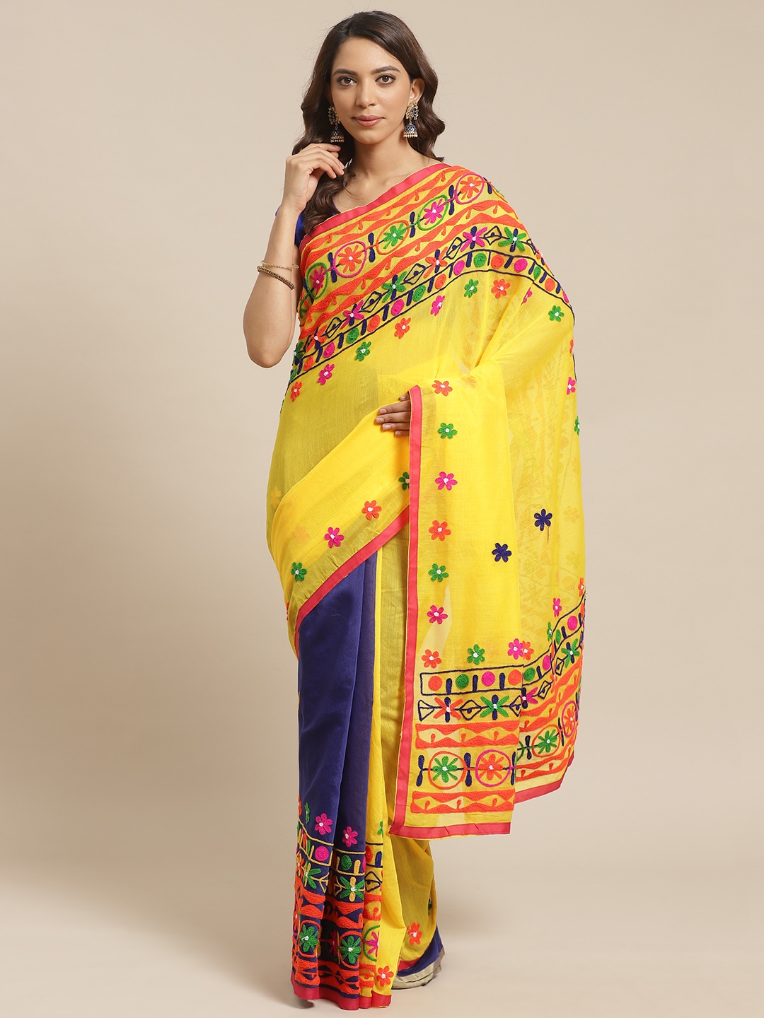 

Laa Calcutta Yellow & Navy Blue Bengal Handloom Kathiabari Embroidered Saree