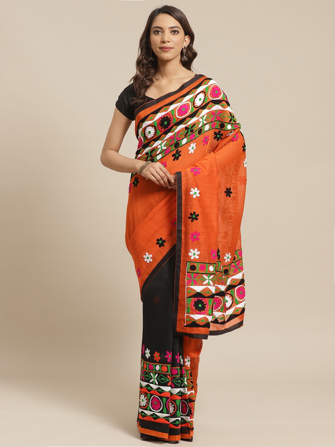 

Laa Calcutta Orange & Black Handloom Kathiabari Saree