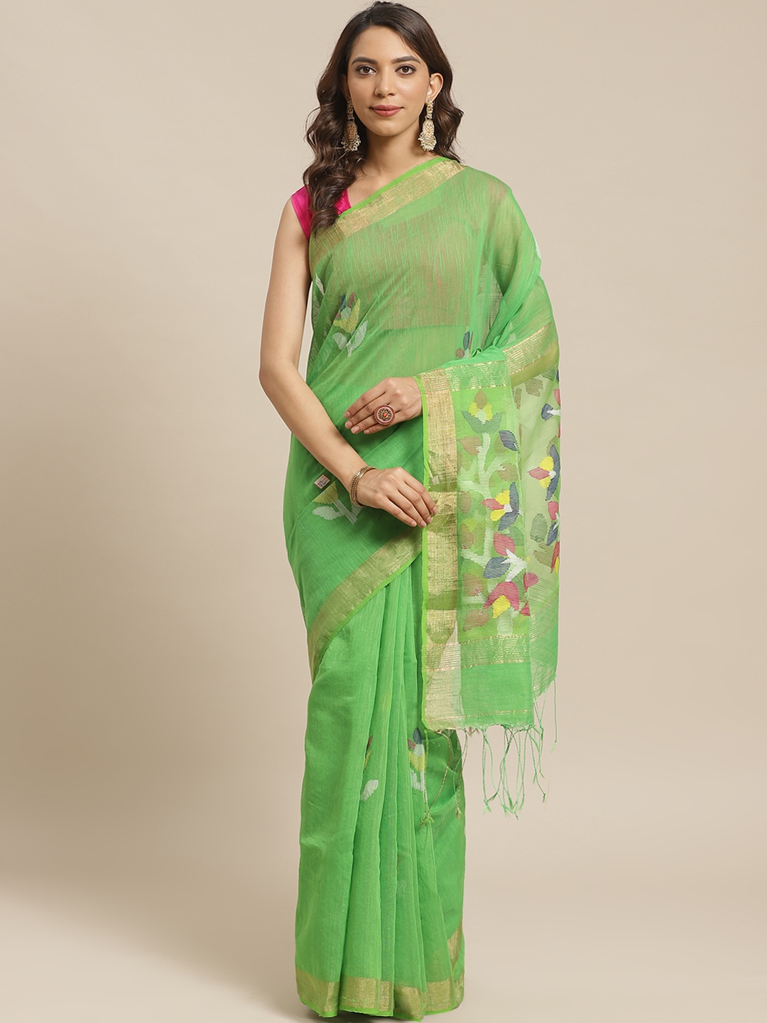 

Laa Calcutta Green & Golden Pure Silk Woven Design Resam Dhakai Jamdani Saree