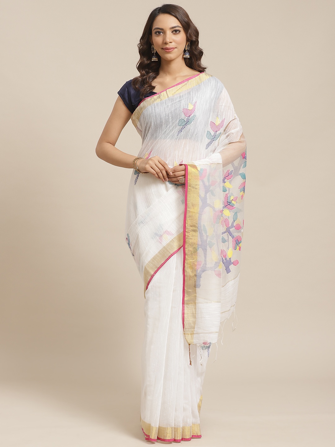 

Laa Calcutta White Pure Silk Woven Design Jamdani Handloom Saree