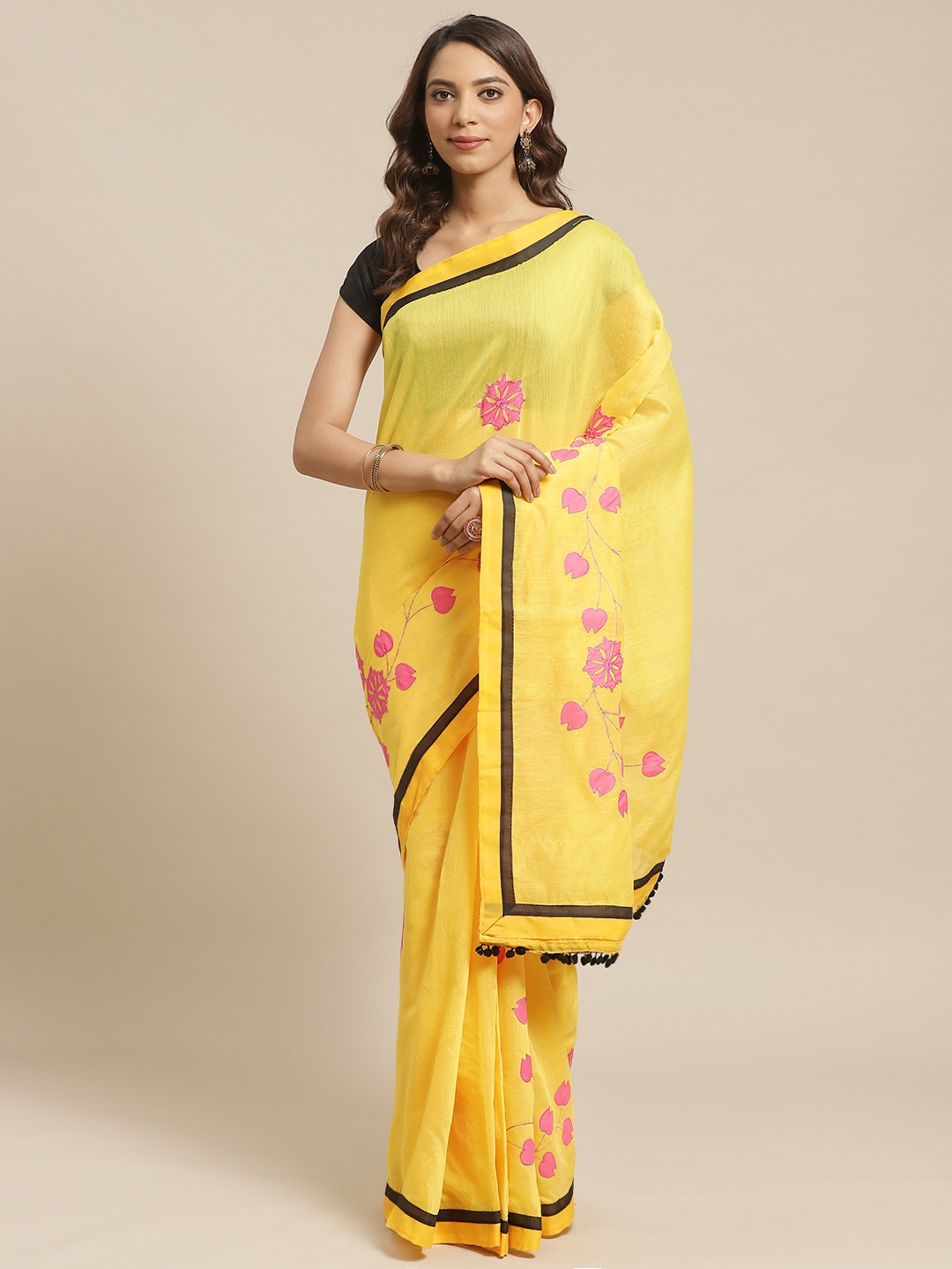 

Laa Calcutta Yellow & Pink Applique Handloom Saree