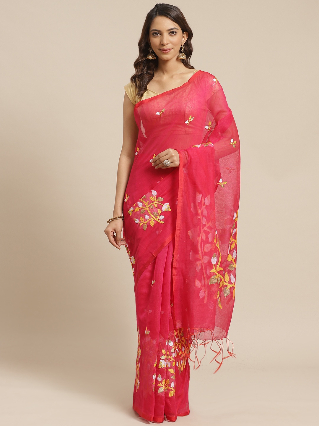 

Laa Calcutta Pink & Mustard Yellow Bengal Handloom Embroidered Saree