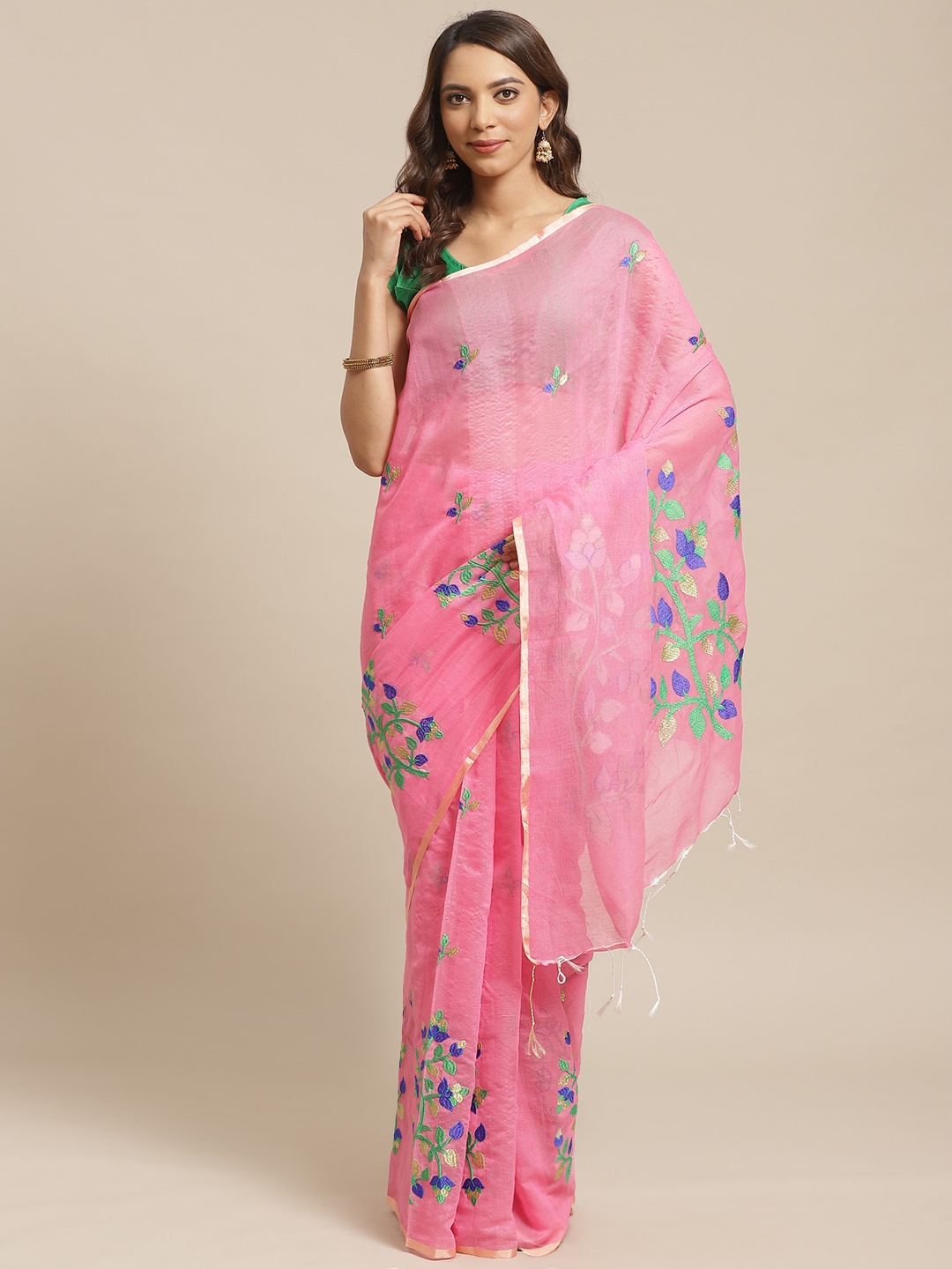 

Laa Calcutta Pink & Green Bengal Handloom Embroidered Saree