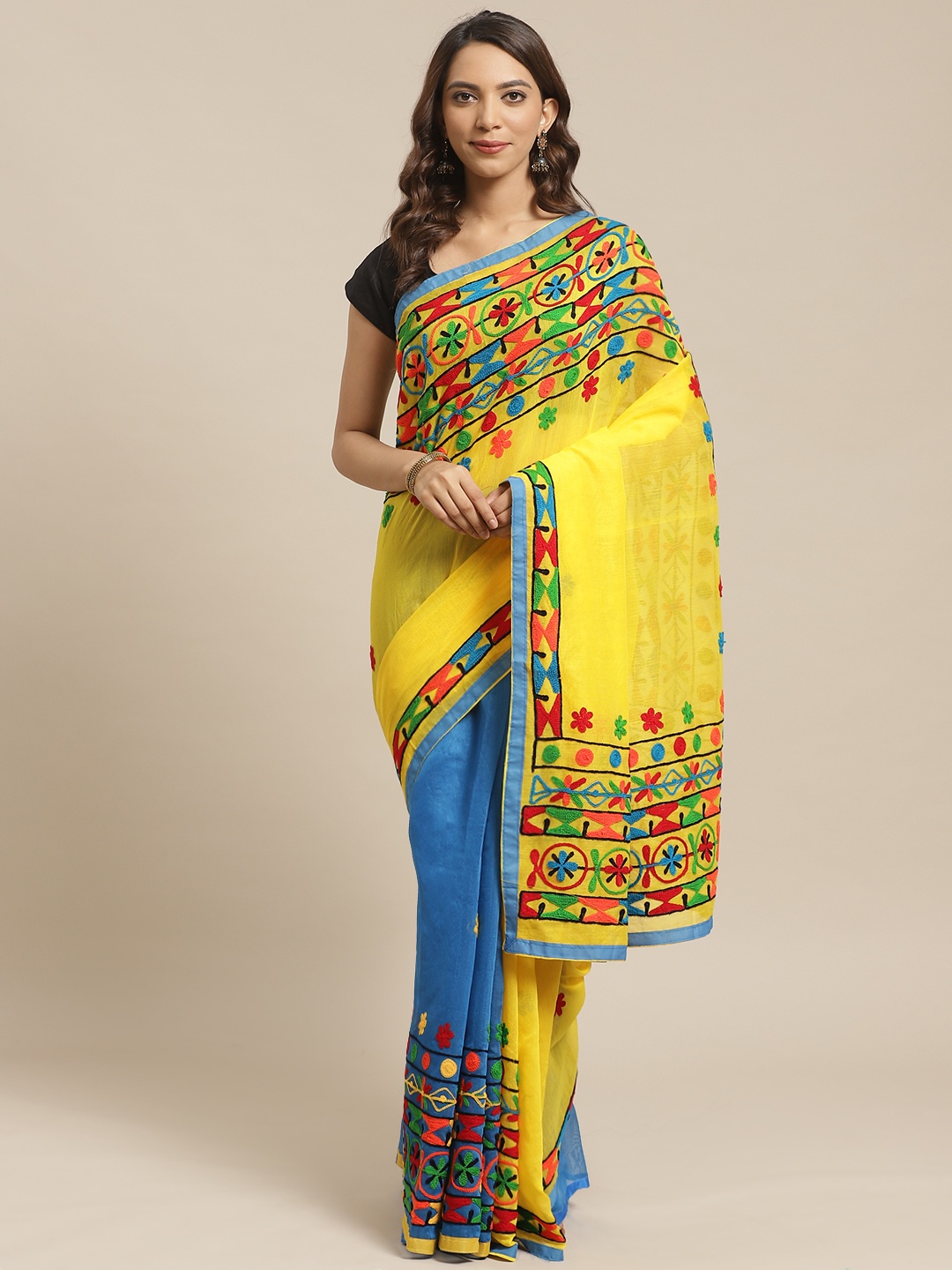 

Laa Calcutta Yellow & Blue Handloom Embroidered Kathiabari Saree