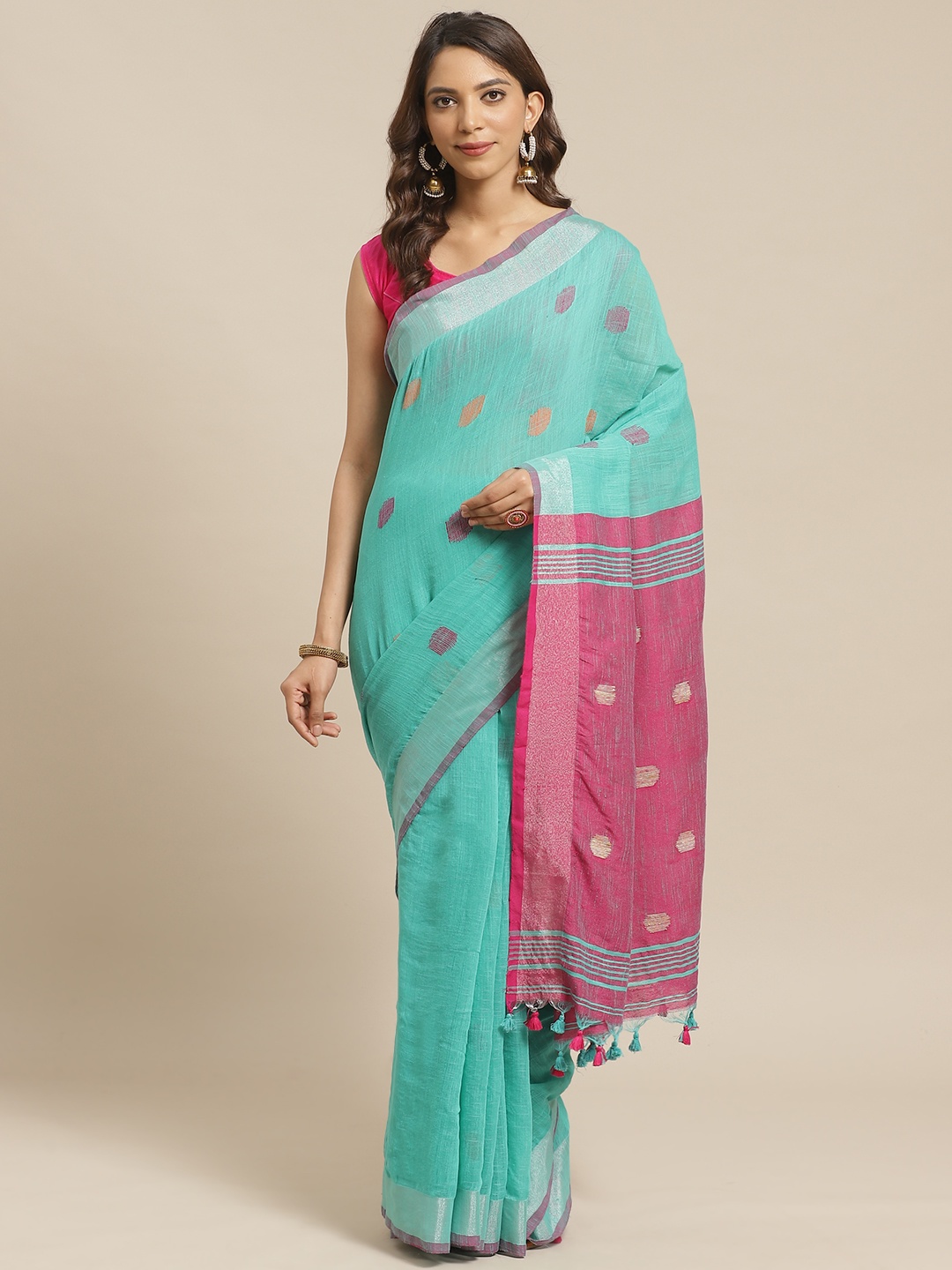 

Laa Calcutta Sea Green & Pink Woven Design Handloom Saree