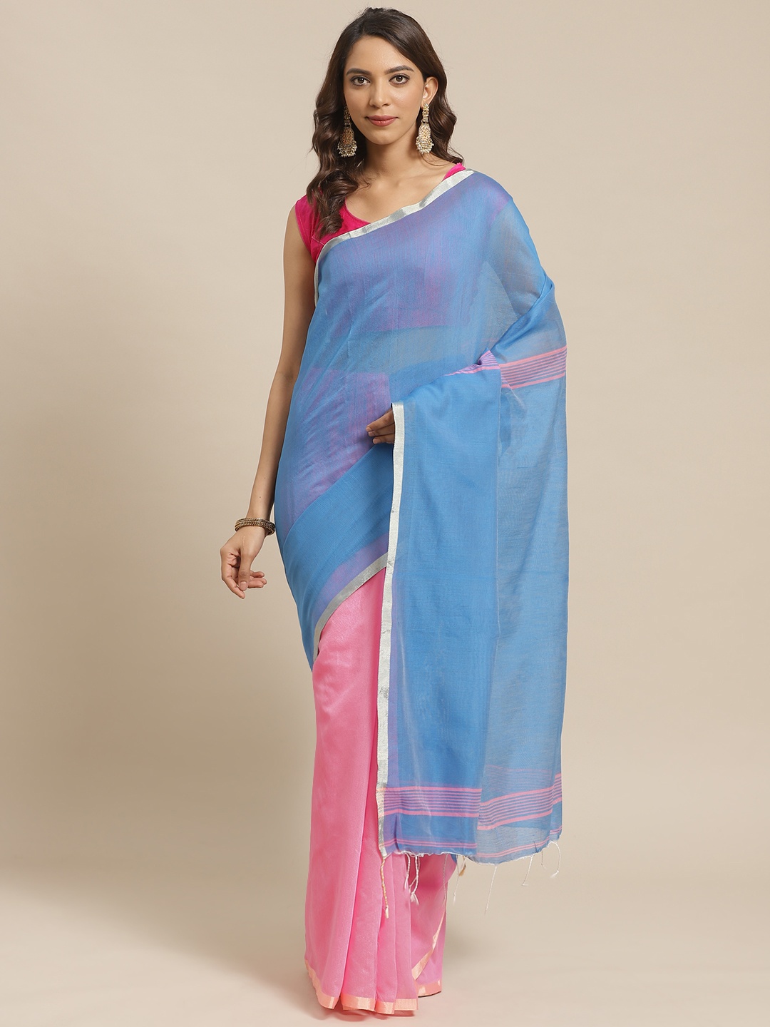 

Laa Calcutta Blue & Pink Half and Half Handloom Solid Saree