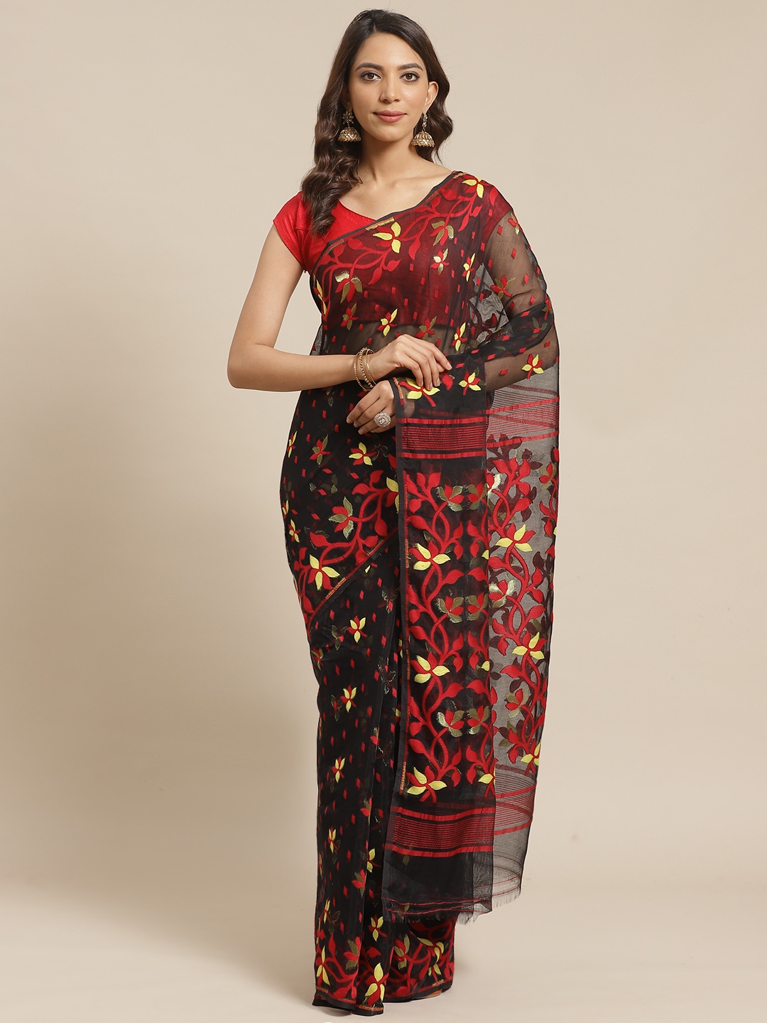 

Laa Calcutta Black & Red Floral Woven Design Handloom Jamdani Saree