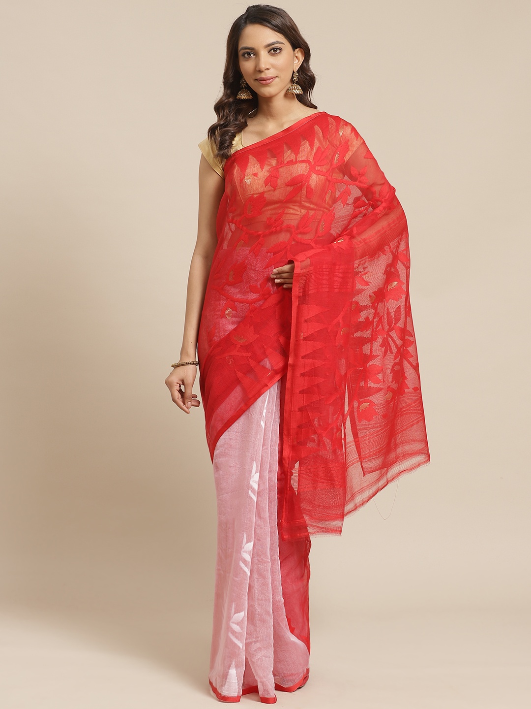 

Laa Calcutta Red & Pink Woven Design Half & Half Handloom Jamdani Saree